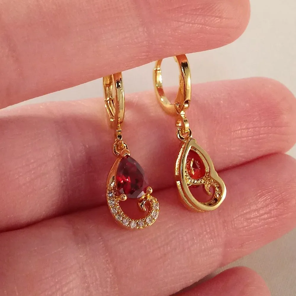 18K Yellow Gold Filled Garnet Red Diamond Zircon Swirl Dangle Earrings 1.25ctw